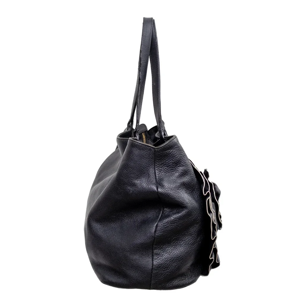 Valentino Garavani Black Pebbled Leather Rosette Flower Tote Bag Shoulder Bag